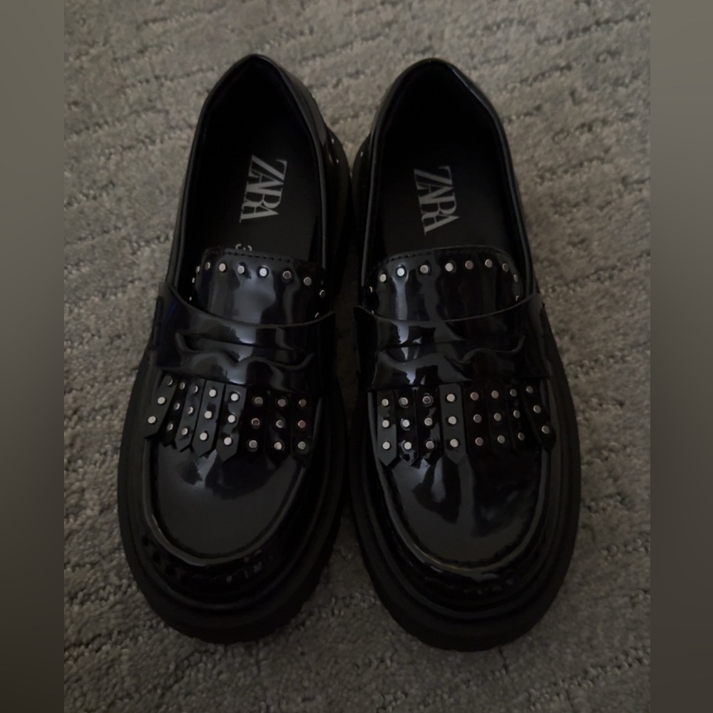 Zara Shiny Black Loafers with Studded Fringe